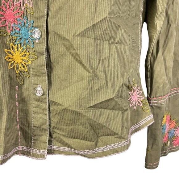 J Jill Womens Embroidered Long Sleeve Bell Sleeve Button Up Green Shirt Top sz 4 - Picture 9 of 16